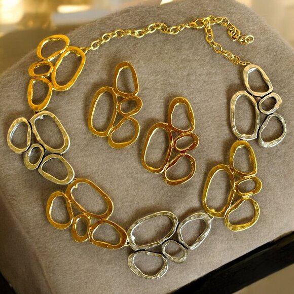 Gold Plated Chunky Minimal Necklace Earrings Set - Picture 1 of 5